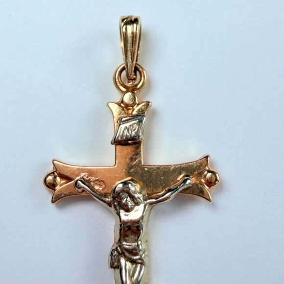 14K Solid 2 Tone Gold Crucifix Jesus Religious Cross ESEMCO VTG Pendant Necklace - Picture 2 of 6